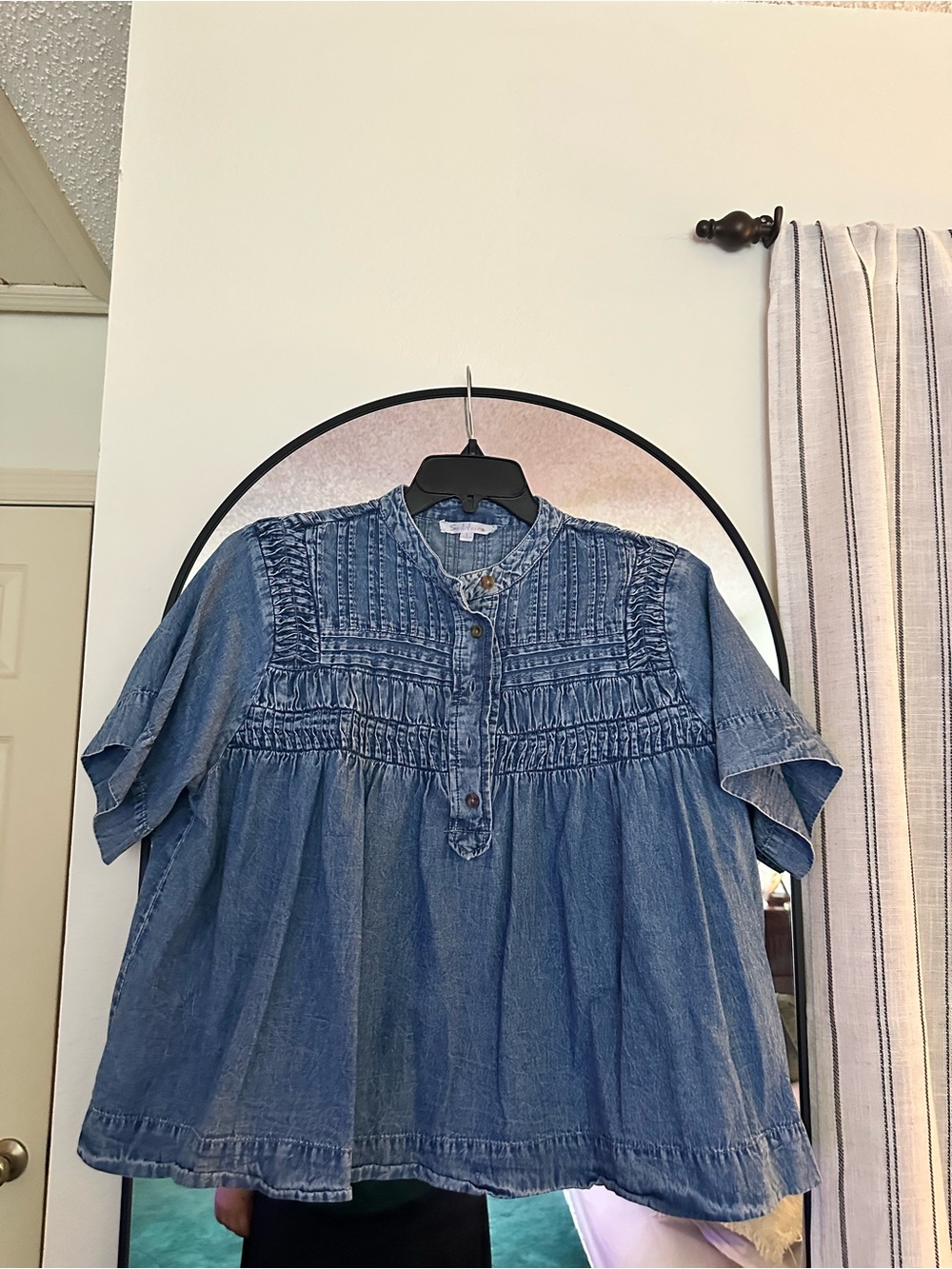 Solitaire Denim Smocked Peasant Blouse - Light Blue